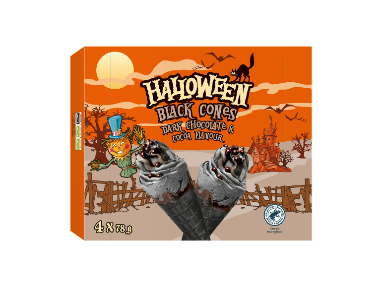 Μαύρα χωνάκια Halloween με μαύρη σοκολάτα και γεύση κακάο, 4x78g.