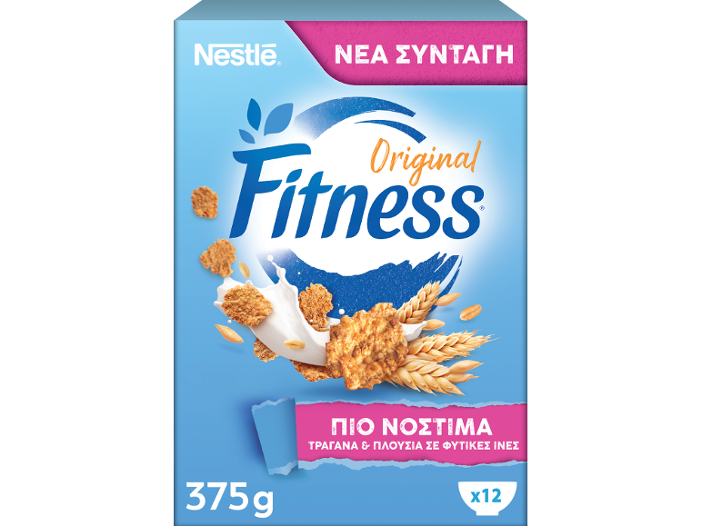 Κουτί δημητριακών με κείμενο «Original Fitness» και «Νέα Συνταγή», που απεικονίζει δημητριακά με γάλα και σιτάρι.