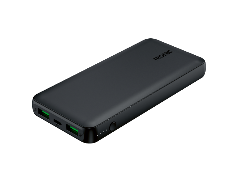Μαύρο power bank με θύρες USB και ενδείξεις LED.