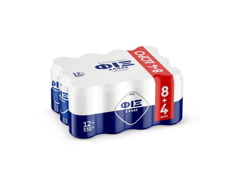 Συσκευασία 12 κουτιών μπύρας 330 ml, με ειδική προσφορά 8+4 δώρο.