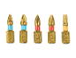 Πέντε χρυσές μύτες κατσαβιδιού με χρωματιστές λωρίδες (μπλε, κόκκινο, πορτοκαλί) και ενδείξεις μεγέθους.