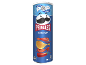 Pringles Ketchup πατατάκια σε μπλε κύλινδρο με εικονογραφήσεις κέτσαπ και πιπεριών τσίλι.
