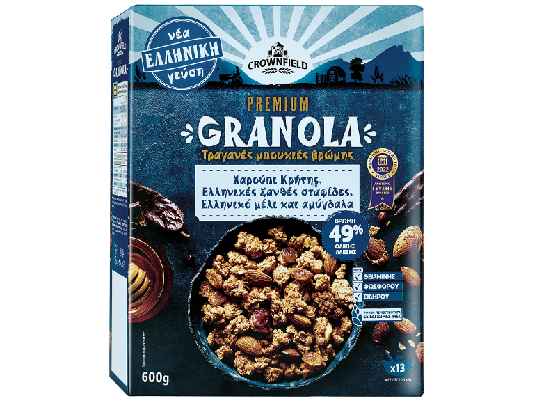 Premium granola με ελληνικό χαρούπι, σταφίδες, μέλι και αμύγδαλα.