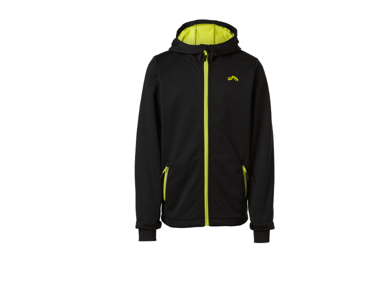 Μαύρο softshell μπουφάν με φερμουάρ και φόδρα κουκούλας σε νέον κίτρινο