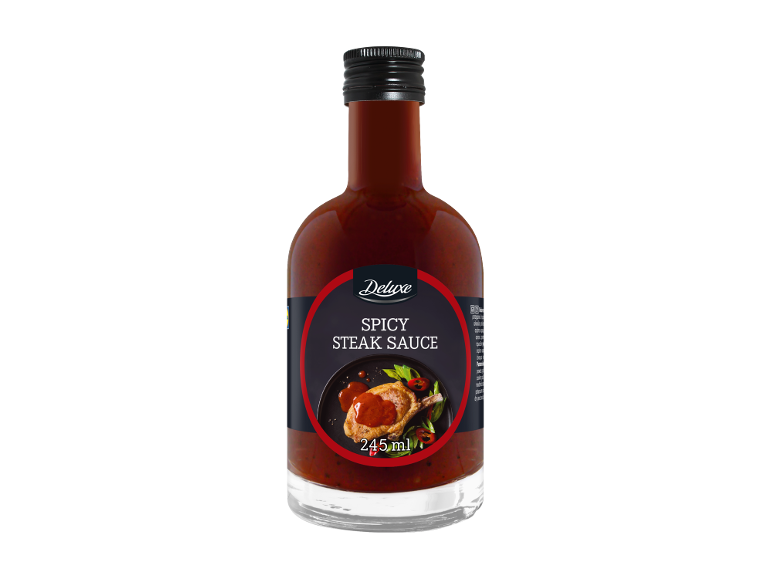 Μπουκάλι 245 ml πικάντικης σάλτσας για μπριζόλα με εικόνα μπριζόλας στην ετικέτα.