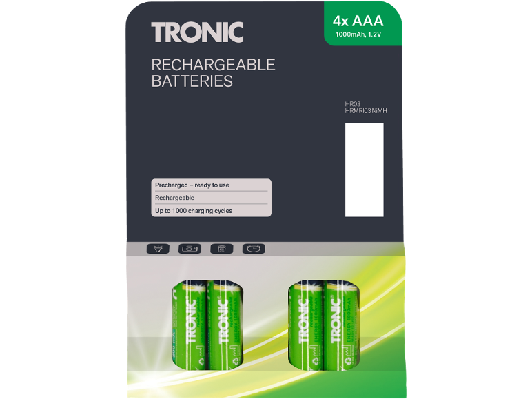 Επαναφορτιζόμενες μπαταρίες AAA, 1000 mAh, 1,2 V, προφορτισμένες, έως 1000 κύκλους φόρτισης.