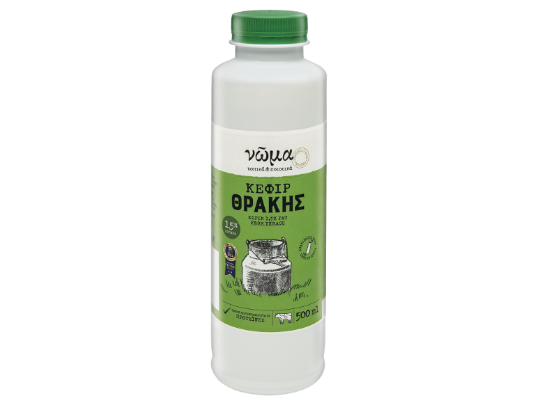 Κεφίρ 1,5% λιπαρά από Θράκη, μπουκάλι 500ml με πράσινο καπάκι, βραβευμένο για τη γεύση.