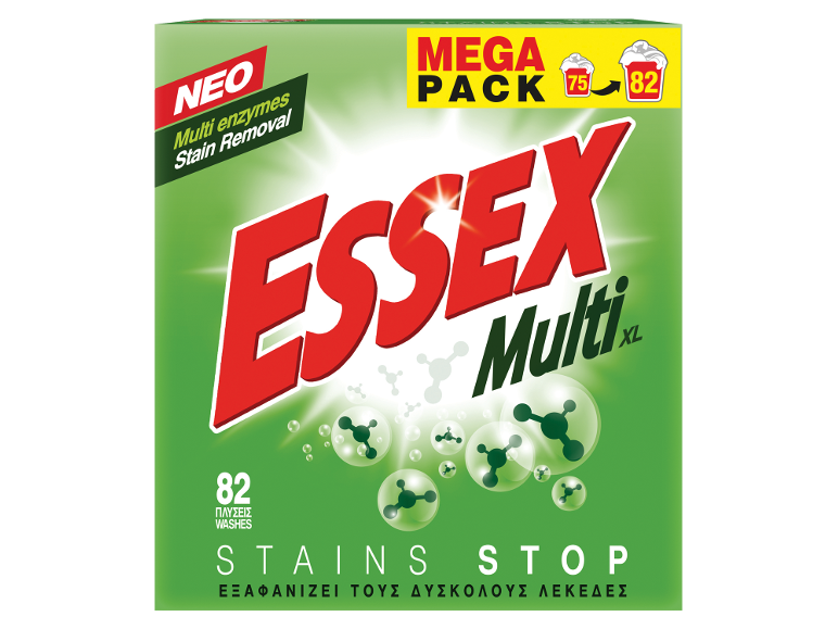 Πράσινο κουτί απορρυπαντικού με κείμενο «Mega Pack» και «Stains Stop», για 82 πλύσεις.