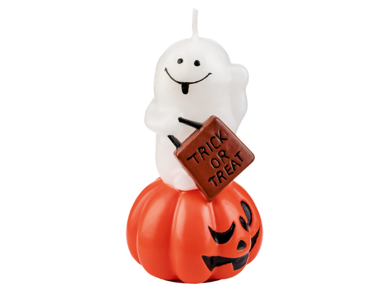 Κερί Halloween με φάντασμα που κρατά πινακίδα 'Trick or Treat', καθισμένο σε κολοκύθα.