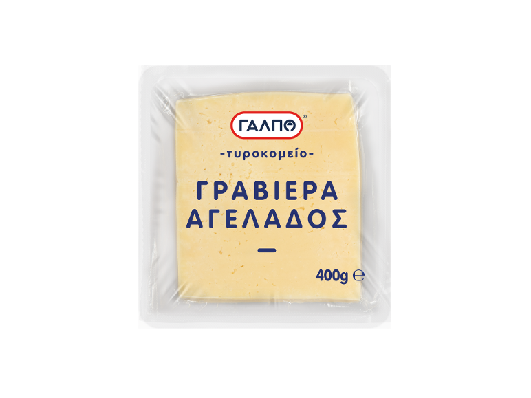 Συσκευασμένο τυρί σε φέτες με κείμενο 'ΓΡΑΒΙΕΡΑ ΑΓΕΛΑΔΟΣ' και '400g e'.