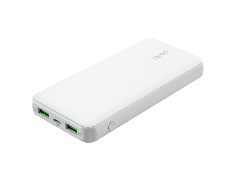 Λευκό power bank με θύρες USB και το λογότυπο 'TRONIC' στην κορυφή.