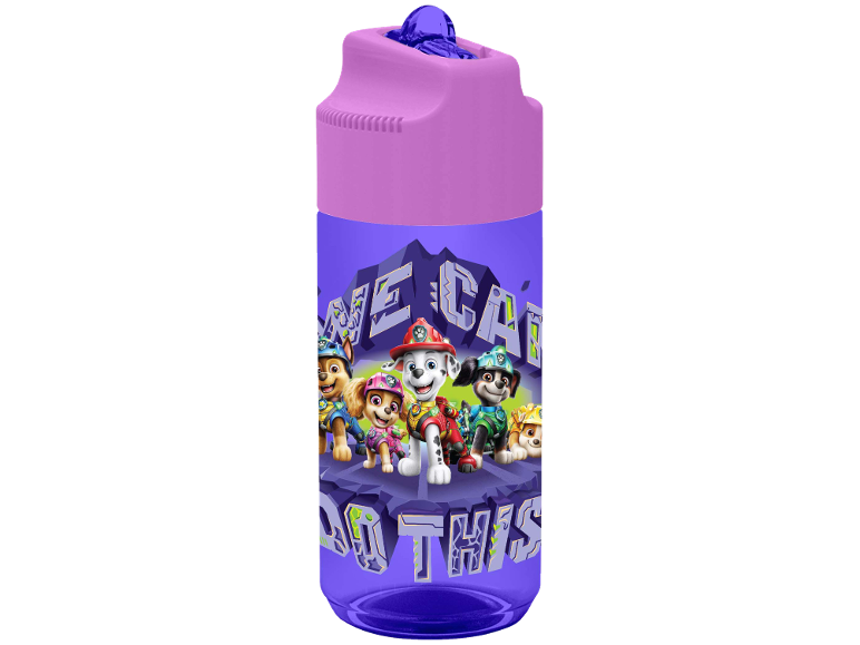 Μοβ μπουκάλι νερού με χαρακτήρες Paw Patrol και κείμενο «WE CAN DO THIS».