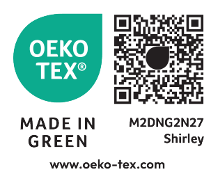 Σφραγίδα MADE IN GREEN by OEKO-TEX® με κωδικό M2DNG2N27 Shirley και κωδικό QR.