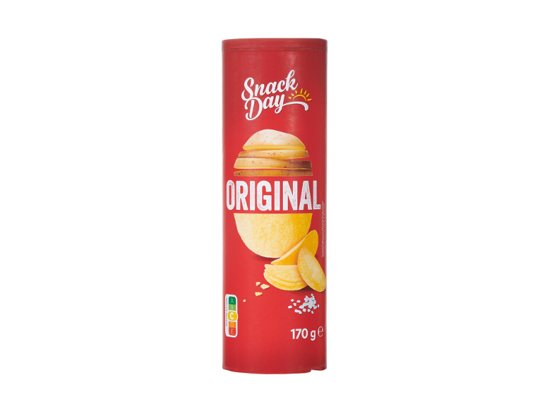 Κόκκινος σωλήνας πατατάκια με τη λέξη 'ORIGINAL' και πατατάκια.