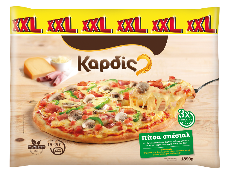 XXL ειδική πίτσα με ζαμπόν, μπέικον, γκούντα, ένταμ, μανιτάρια και πιπεριά.