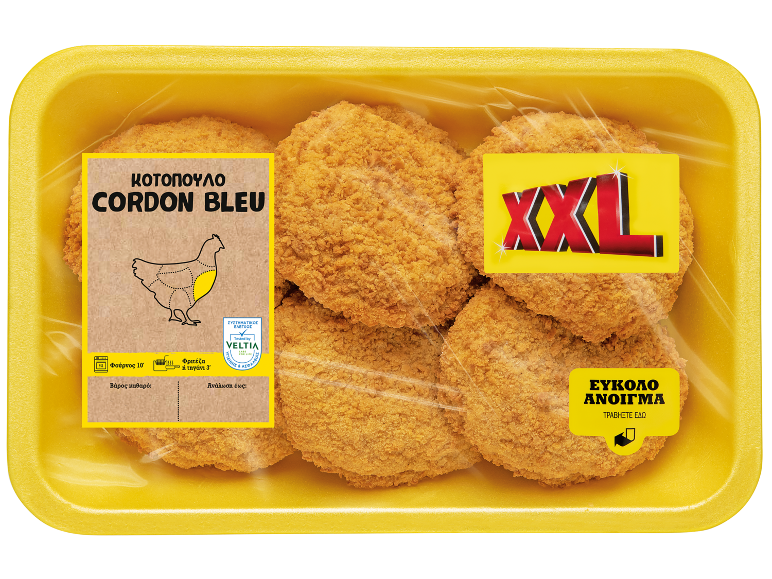 XXL παναρισμένο κοτόπουλο cordon bleu σε κίτρινη συσκευασία, με οδηγίες μαγειρέματος.
