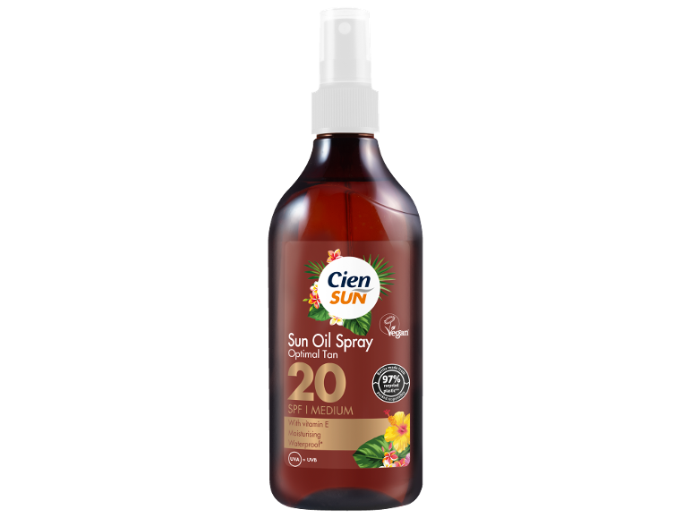 Αντηλιακό λάδι σε σπρέι με SPF 20, βιταμίνη Ε, ενυδατικό και αδιάβροχο.