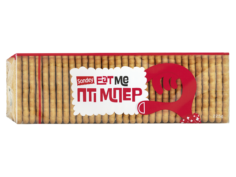Πακέτο μακριών, λεπτών μπισκότων με την επιγραφή 'Eat Me' και ένα κόκκινο μοτίβο χεριού.