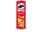 Κόκκινο κουτί πατατάκια Pringles Original με το λογότυπο Mr. Pringle και αιωρούμενα πατατάκια.