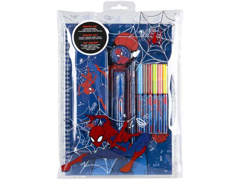 Σετ χαρτικών Spider-Man με τετράδιο, στυλό, μολύβι, μαρκαδόρους, ξύστρα, χάρακα και κασετίνα.