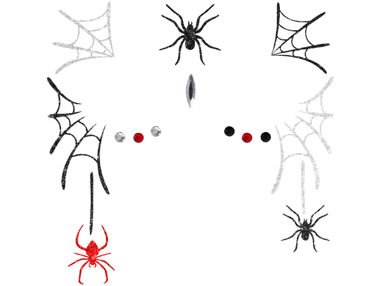 Διακόσμηση Halloween με αστραφτερές αράχνες και ιστούς αράχνης σε μαύρο, λευκό και κόκκινο.