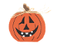 Διακόσμηση Halloween: πορτοκαλί κολοκύθα με χαμογελαστό πρόσωπο και φιόγκο από ραφία.