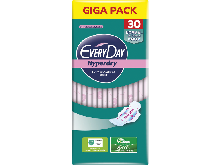 Συσκευασία Giga με 30 σερβιέτες normal ultra plus με εξαιρετικά απορροφητικό κάλυμμα και ανακυκλώσιμη συσκευασία.