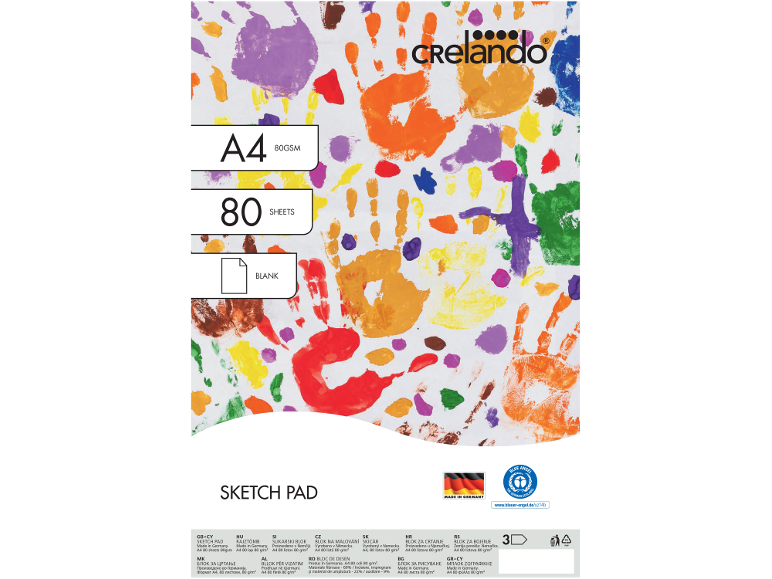 Σχεδιαστήριο Α4, 80 φύλλα, 80 g/m², με πολύχρωμα αποτυπώματα χεριών.