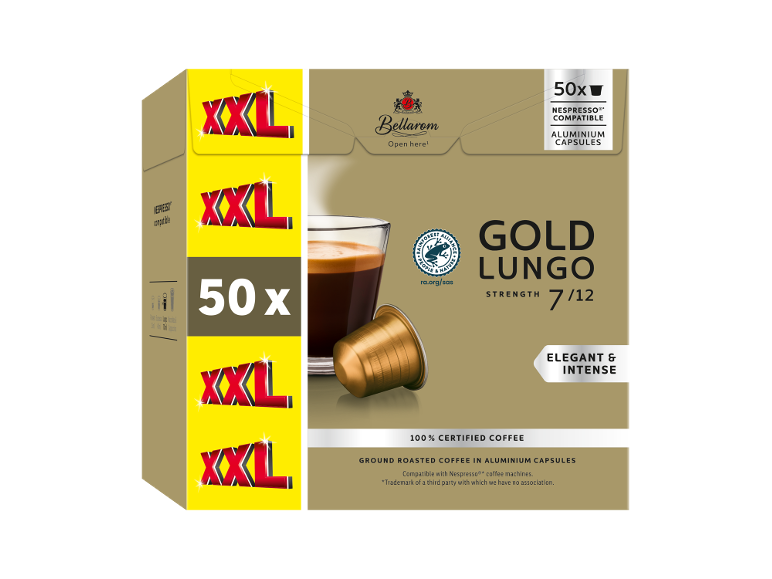 Συσκευασία 50 καψουλών XXL καφέ Gold Lungo, ένταση 7/12, κομψό και έντονο.