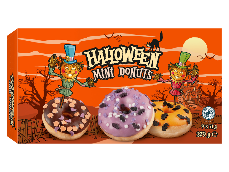 Κουτί με μίνι ντόνατς Halloween με τρομακτικές διακοσμήσεις και έντομα.