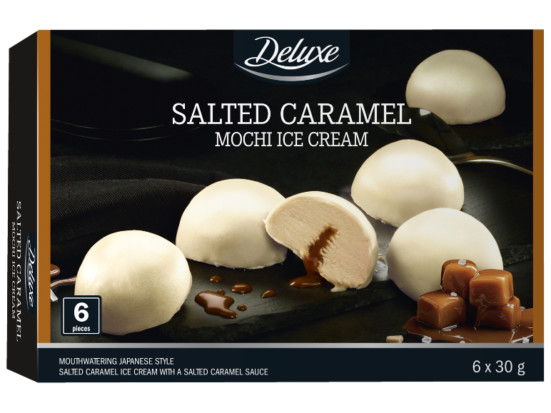 Παγωτό mochi αλατισμένη καραμέλα με σάλτσα καραμέλας, 6 τεμάχια.
