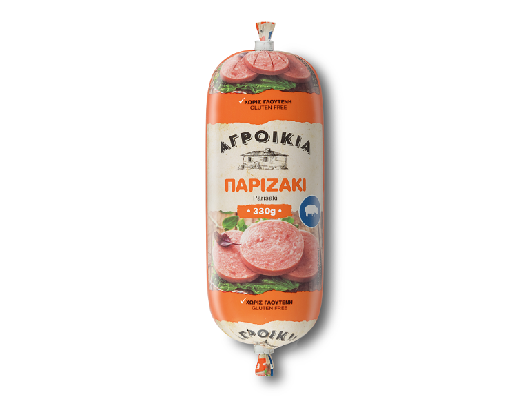 Συσκευασία λουκάνικου με κομμένα κομμάτια λουκάνικου, σαλάτα και την επιγραφή «GLUTEN FREE».