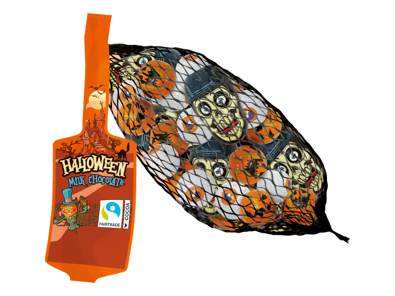 Καραμέλες γάλακτος σοκολάτας Halloween σε διχτυωτή σακούλα, με σχέδια κρανίων και κολοκύθων.