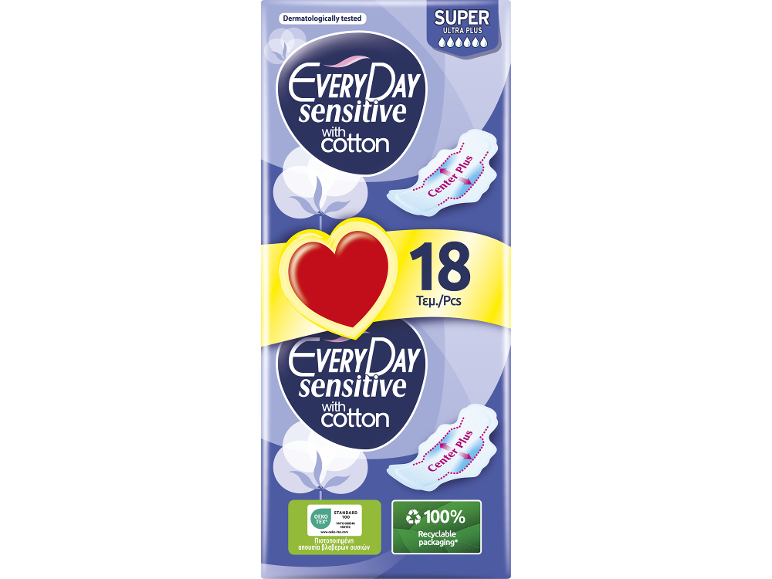 Συσκευασία 18 σερβιετών super ultra plus με βαμβάκι, δερματολογικά ελεγμένες.