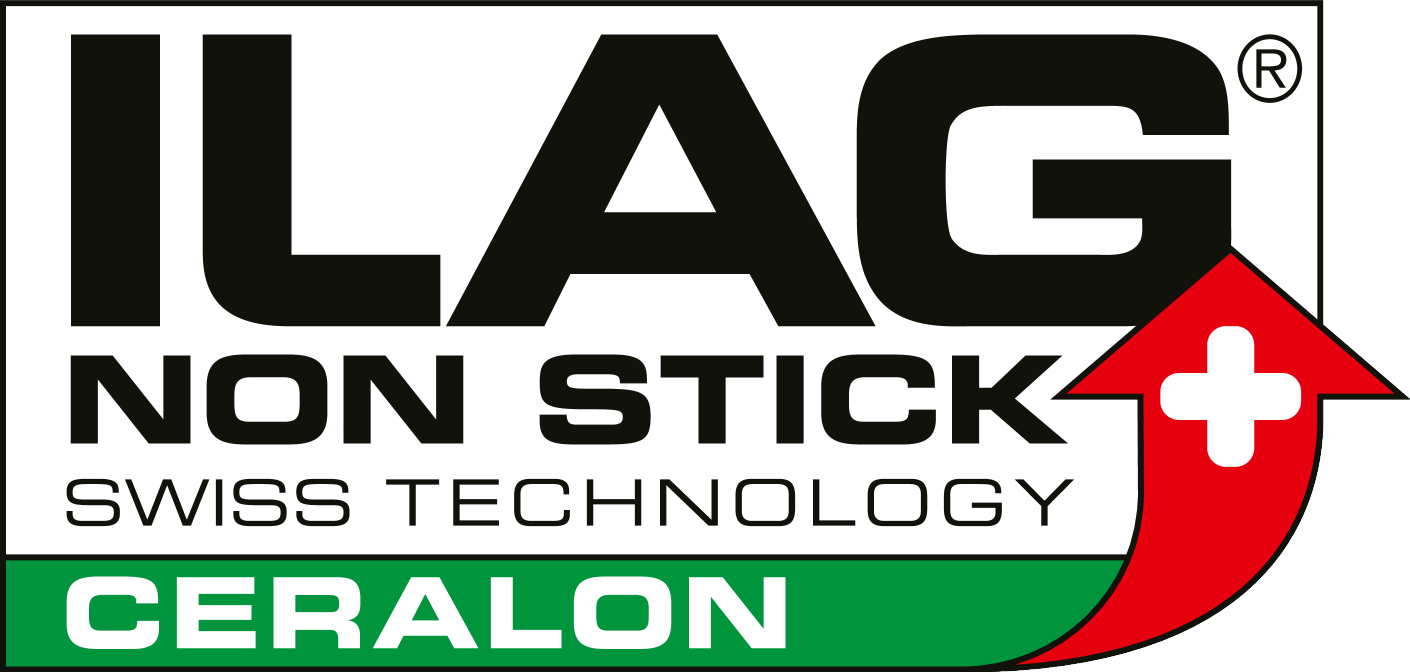 Λογότυπο ILAG NON STICK SWISS TECHNOLOGY CERALON με κόκκινο βέλος και λευκό σταυρό
