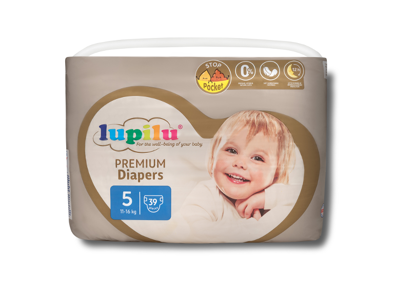 Πακέτο πάνες premium για μωρά, μέγεθος 5 (11-16 kg), με 39 τεμάχια και προστασία έως 12 ώρες.