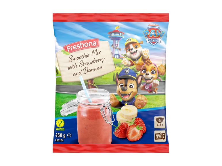 Μείγμα smoothie φράουλας και μπανάνας με χαρακτήρες κινουμένων σχεδίων.