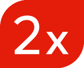 Κόκκινο σήμα με λευκό κείμενο „2x“.