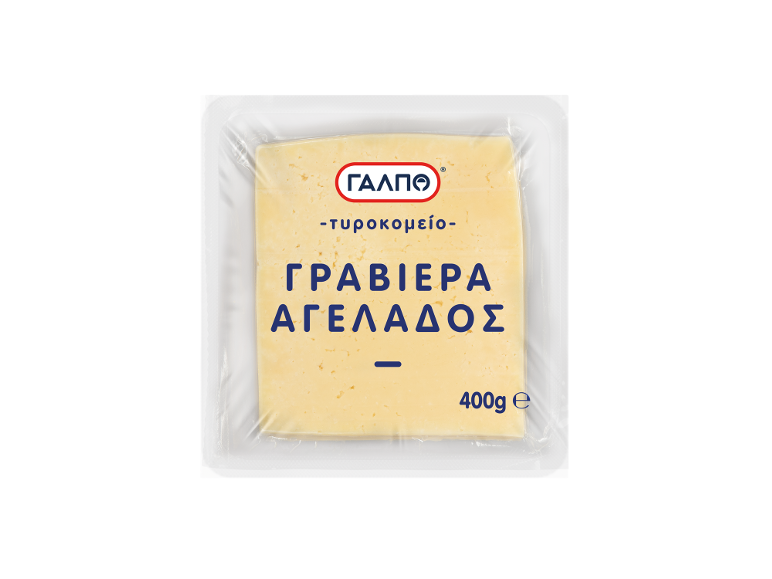 Συσκευασμένο τυρί σε φέτες με κείμενο 'ΓΡΑΒΙΕΡΑ ΑΓΕΛΑΔΟΣ' και '400g e'.