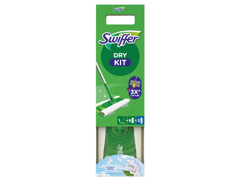Σετ Swiffer Dry με σφουγγαρίστρα, 8 στεγνά και 3 υγρά πανάκια.