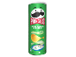 Pringles Sour Cream & Onion πατατάκια, πράσινο κουτί με εικονίδια.