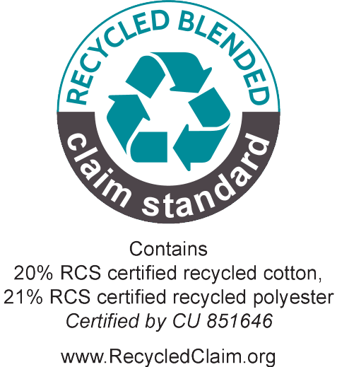 Σφραγίδα Recycled Blended Claim Standard: 20% ανακυκλωμένο βαμβάκι, 21% ανακυκλωμένος πολυεστέρας. Πιστοποιημένο από CU 851646.