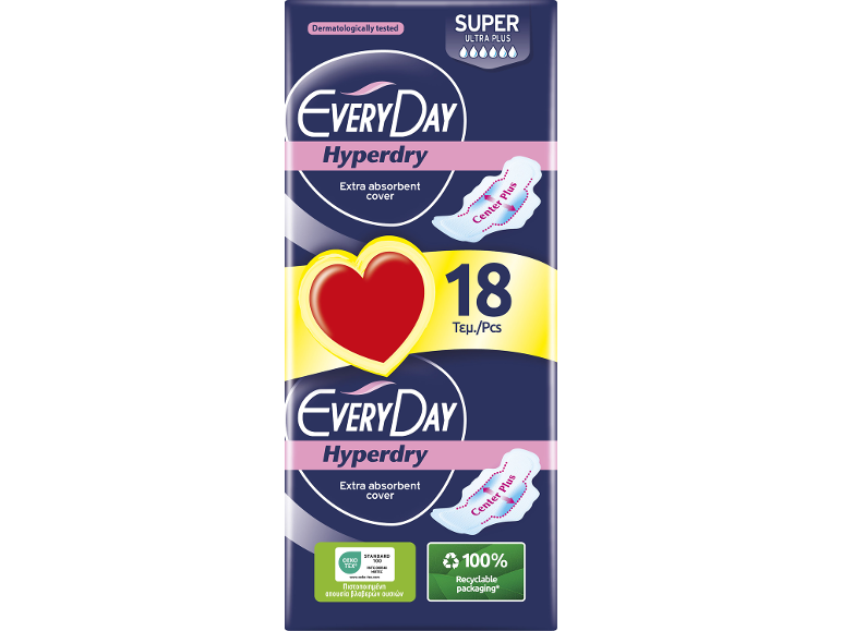 Συσκευασία σερβιετών Super Ultra Plus, 18 τεμαχίων, με ανακυκλώσιμη συσκευασία.