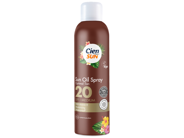 Αντηλιακό λάδι σε σπρέι SPF 20 για βέλτιστο μαύρισμα, με βιταμίνη Ε, ενυδατικό και αδιάβροχο.