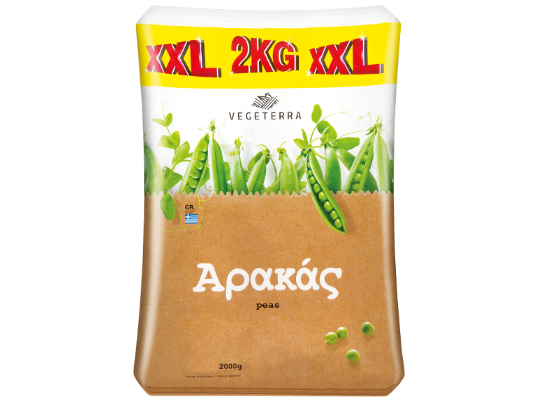 Σακούλα 2 κιλών με αρακά Vegeterra, με τις ενδείξεις 'XXL' και '2KG'.