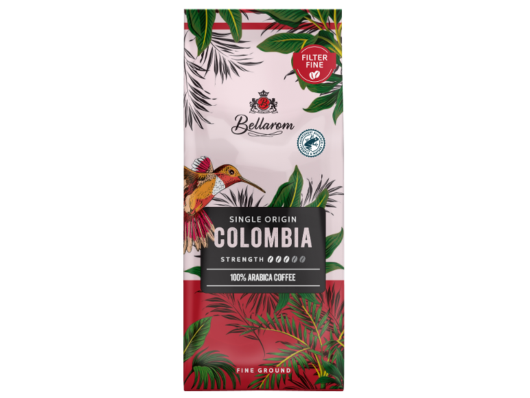 Κολομβιανός καφές φίλτρου, 100% arabica, λεπτοαλεσμένος, με τροπική εικονογράφηση.