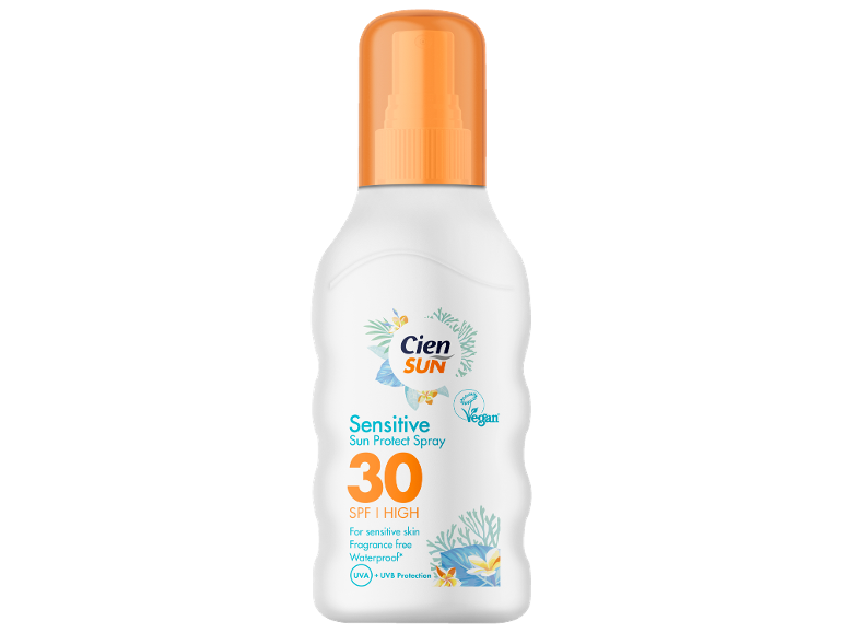 Ευαίσθητο αντηλιακό σπρέι SPF 30, χωρίς άρωμα και αδιάβροχο, με προστασία UVA + UVB.