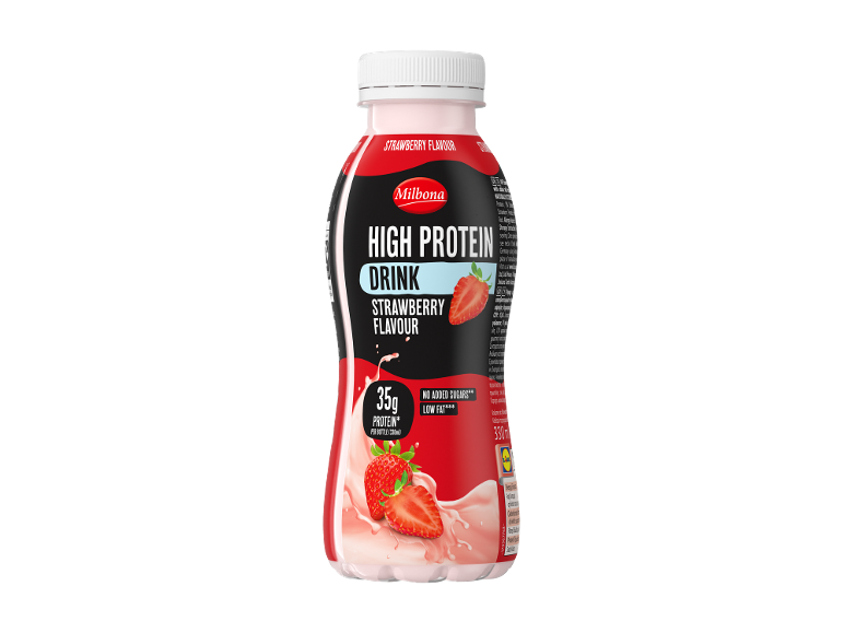 Ρόφημα υψηλής πρωτεΐνης φράουλας, 35γρ πρωτεΐνης, χωρίς πρόσθετα σάκχαρα, χαμηλά λιπαρά.