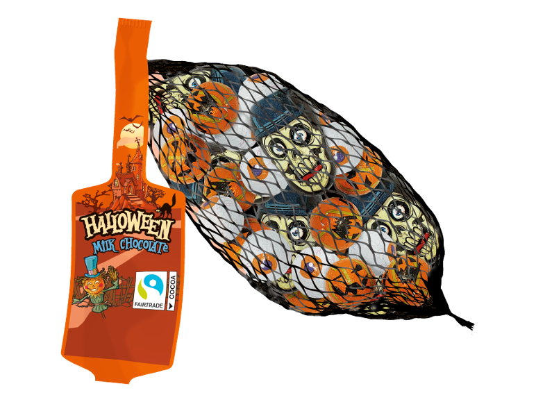 Σοκολάτες γάλακτος Halloween με περιτυλίγματα κρανίων και κολοκύθων σε δίχτυ, με ετικέτα σοκολάτας γάλακτος Halloween.