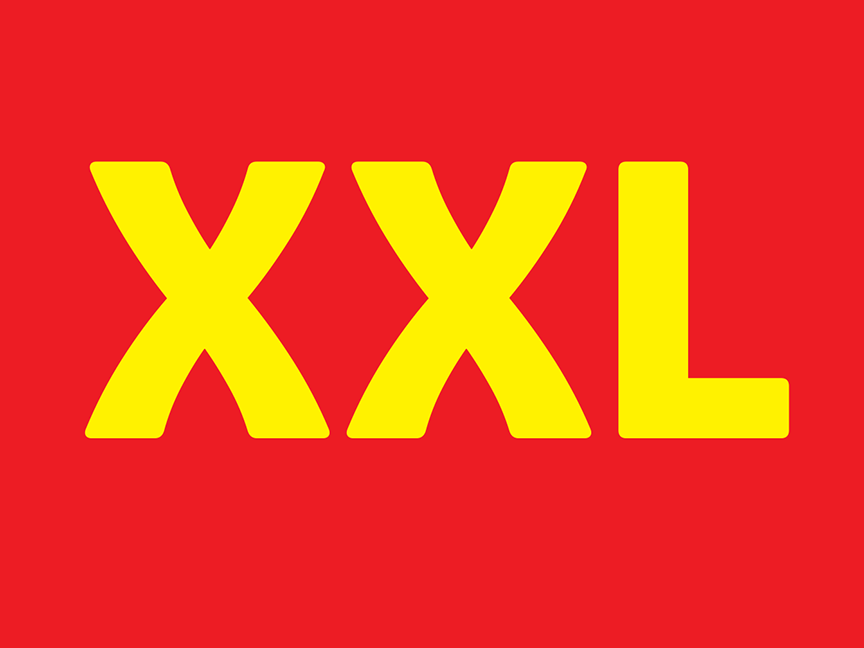 XXL σε κίτρινο χρώμα σε κόκκινο φόντο.
